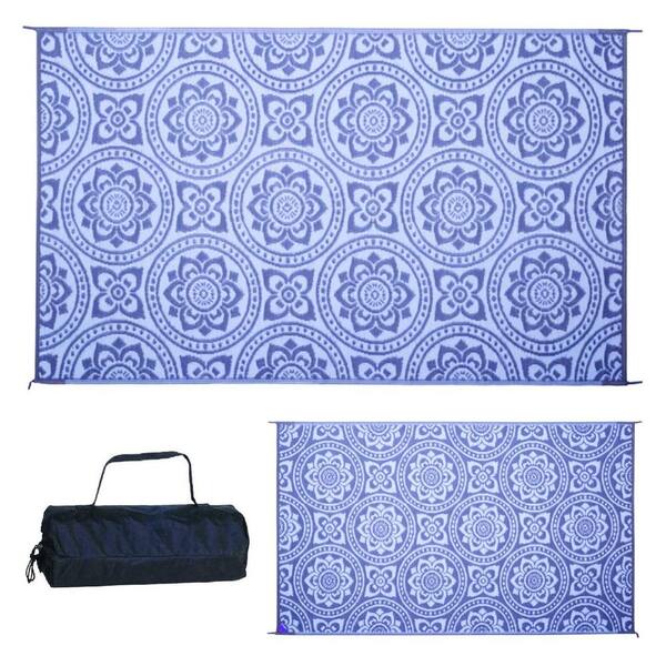 Reversible Mats 8 x 5 Foot Outdoor Polypropylene Pattern Patio Mat, Blue/White