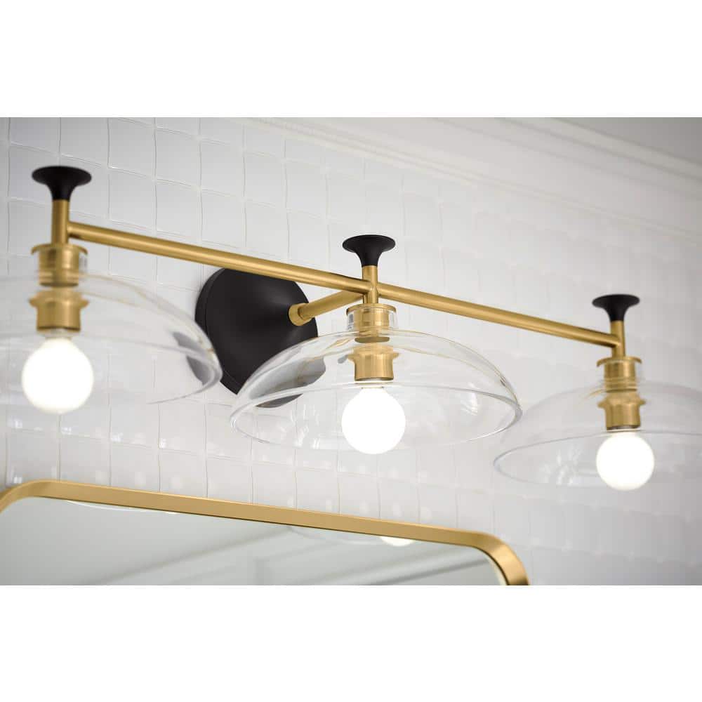 Black and Brass 31" Three-Light Sconce with Glass Shades