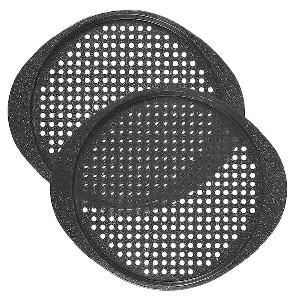 Perforated Carbon Steel Pizza Pan Set Grey Finish Oven Safe with Handles for Crispy Homemade or Frozen Pizza 2 Pack