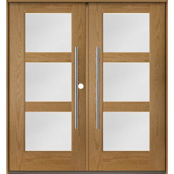 Krosswood Doors Faux Pivot 72 in. x 80 in. Left-Active/Inswing 3-Lite Satin Glass Bourbon Stain Double Fiberglass Prehung Front Door
