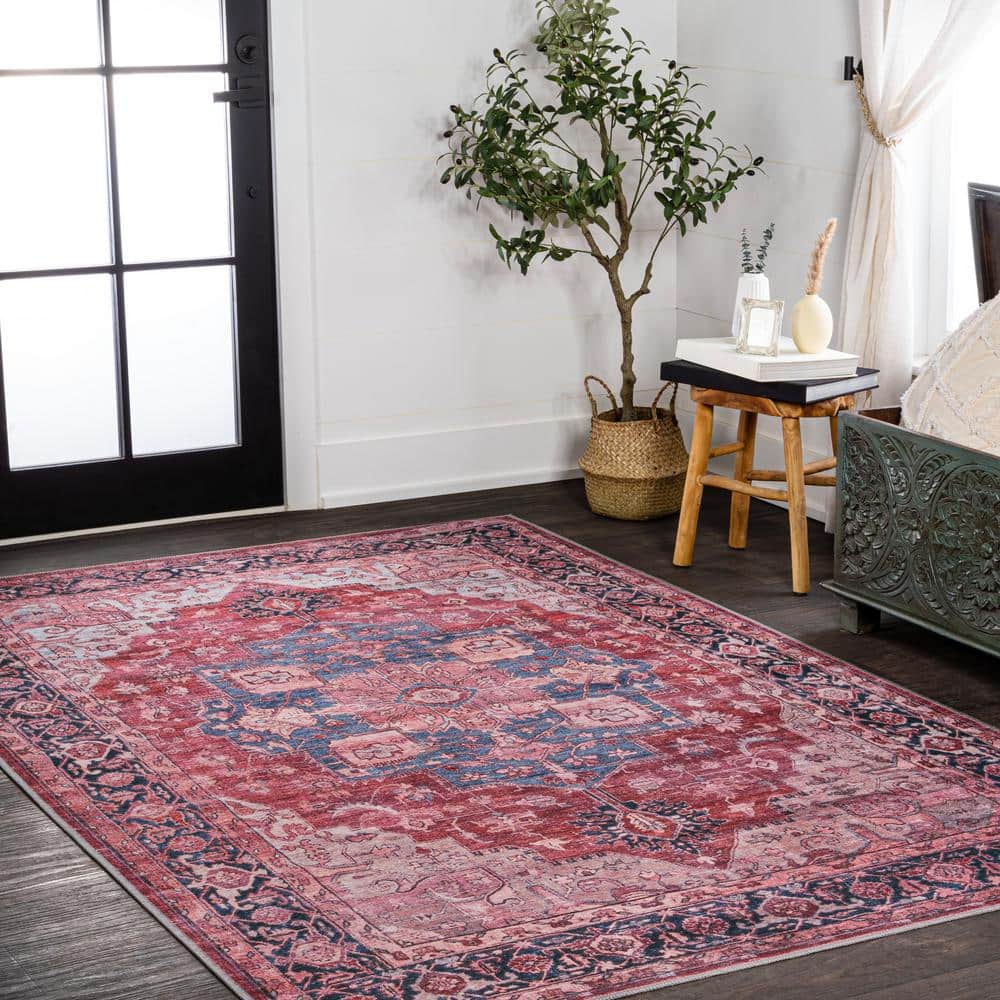 Maris Ornate Medallion Machine-Washable Red/Black/Blue Chenille 4' x 6' Area Rug