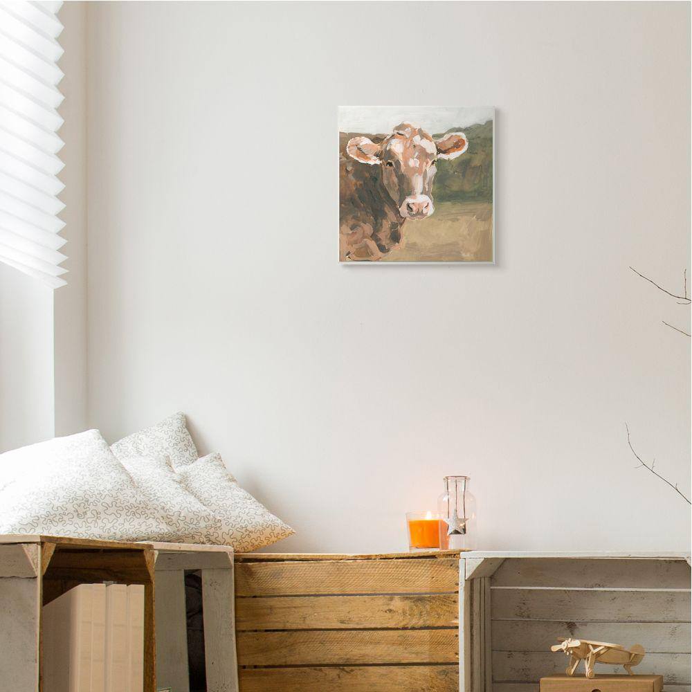 Soft Country Meadow Cow Rustic Brown Wood Wall Art, 12 x 12