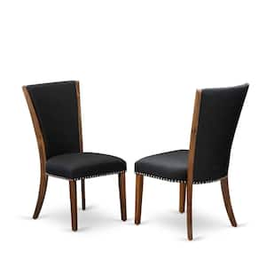 Walnut, Parson Dining Chairs - Nailhead Trim Black Color Linen Fabric Upholstered Chairs, Set Of 2