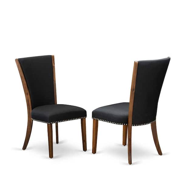 East West Furniture Walnut, Parson Dining Chairs - Nailhead Trim Black Color Linen Fabric Upholstered Chairs, Set Of 2