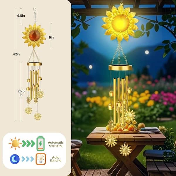 9 in. x 42 in. Metal Yellow Solar Wind Chimes with Sunflower LED