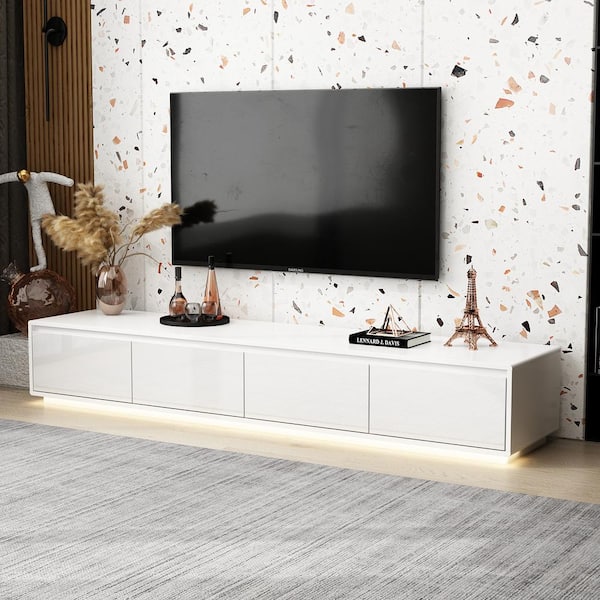 White Mirrored Finished TV Stand Entertainment Center Fits TV's up to 70 in. with 4-Drawers for Living Room Storage