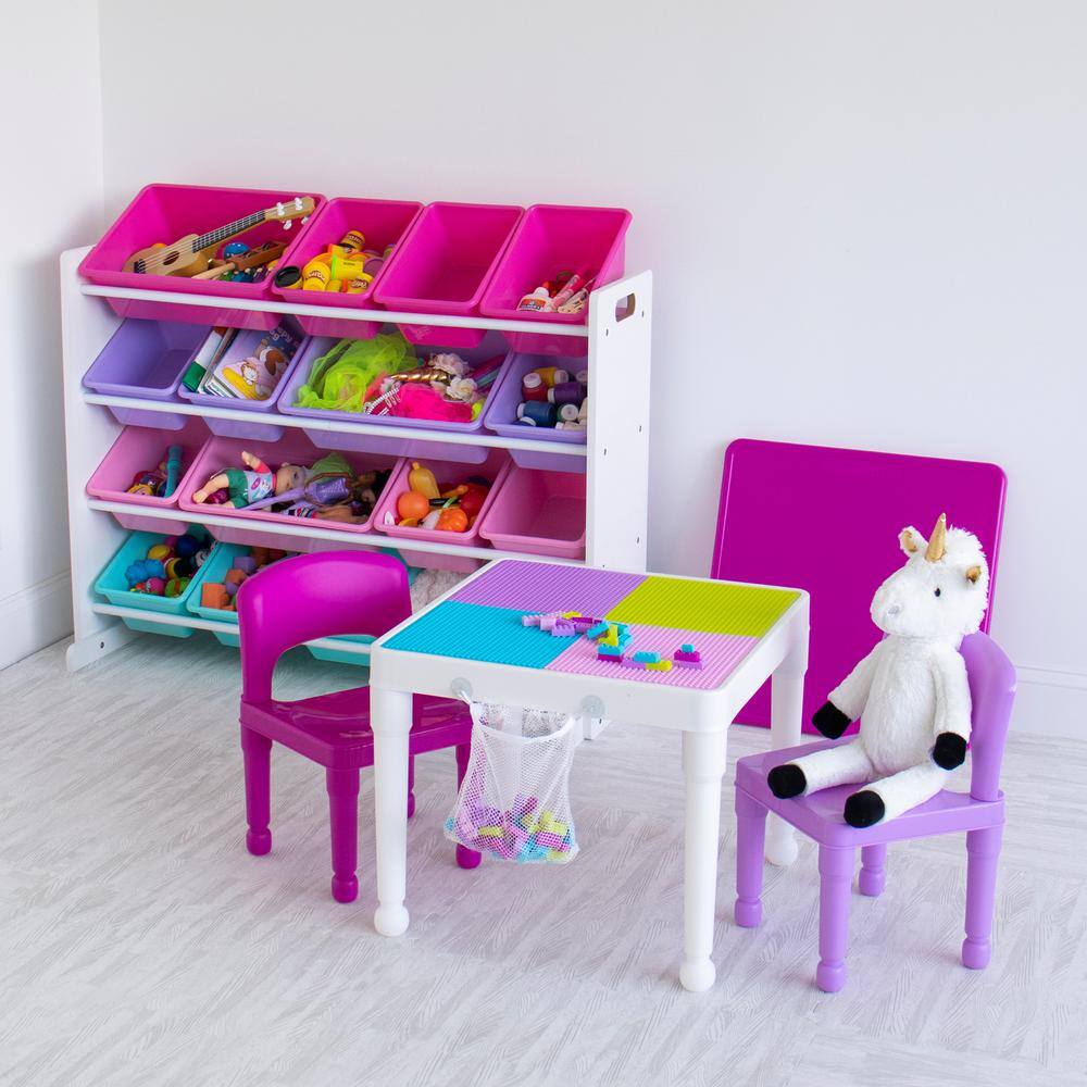 White and Pink Kids Toy Storage Organizer with 16 Bins