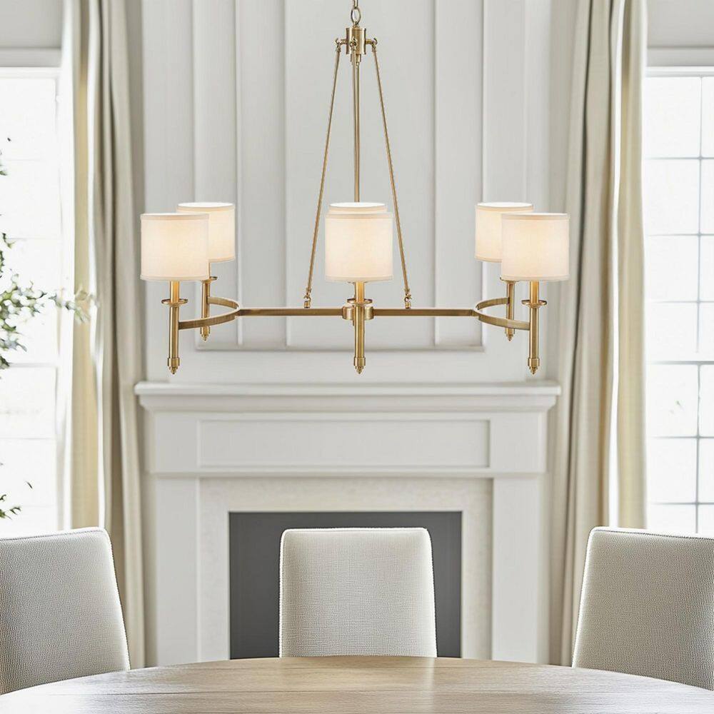 Luxe Series 6-Light Antique Gold Finish Elegant Frame Fabric Shade Linear Chandelier for Dining Room