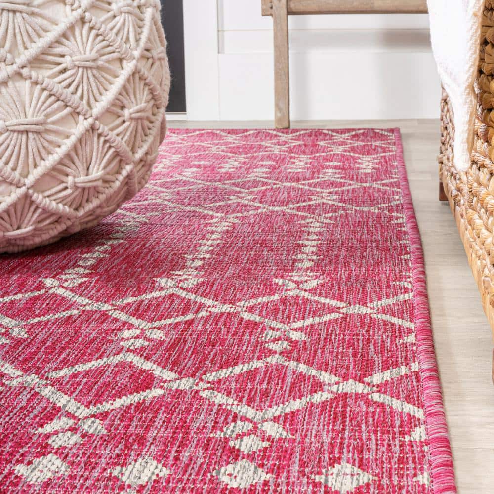 Fuchsia and Light Gray Moroccan Geometric Synthetic Area Rug