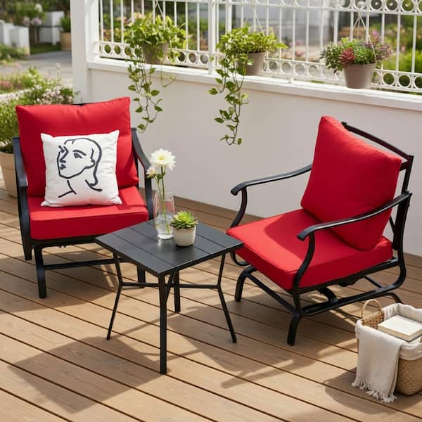 3-Piece Black Steel Rocking Chair Set – Coffee Table & Red