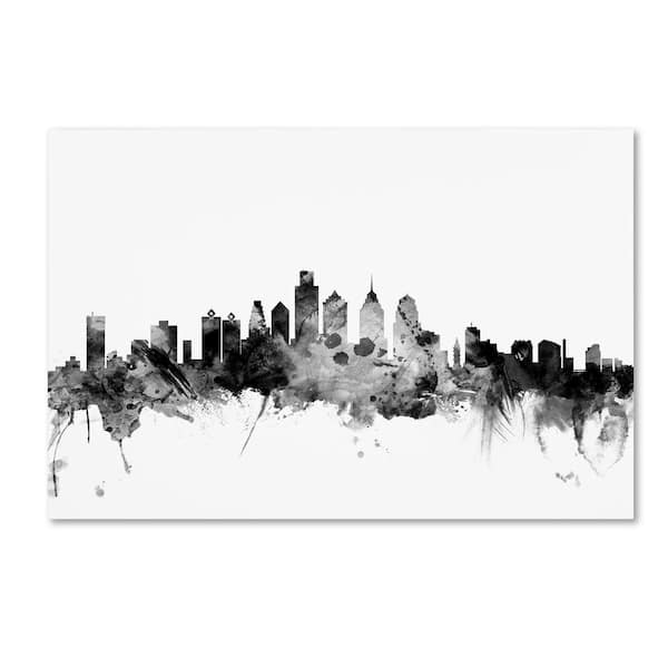 Trademark Fine Art Philadelphia PA Skyline B&W by Michael Tompsett Floater Frame Architecture Wall Art 12 in. x 19 in.