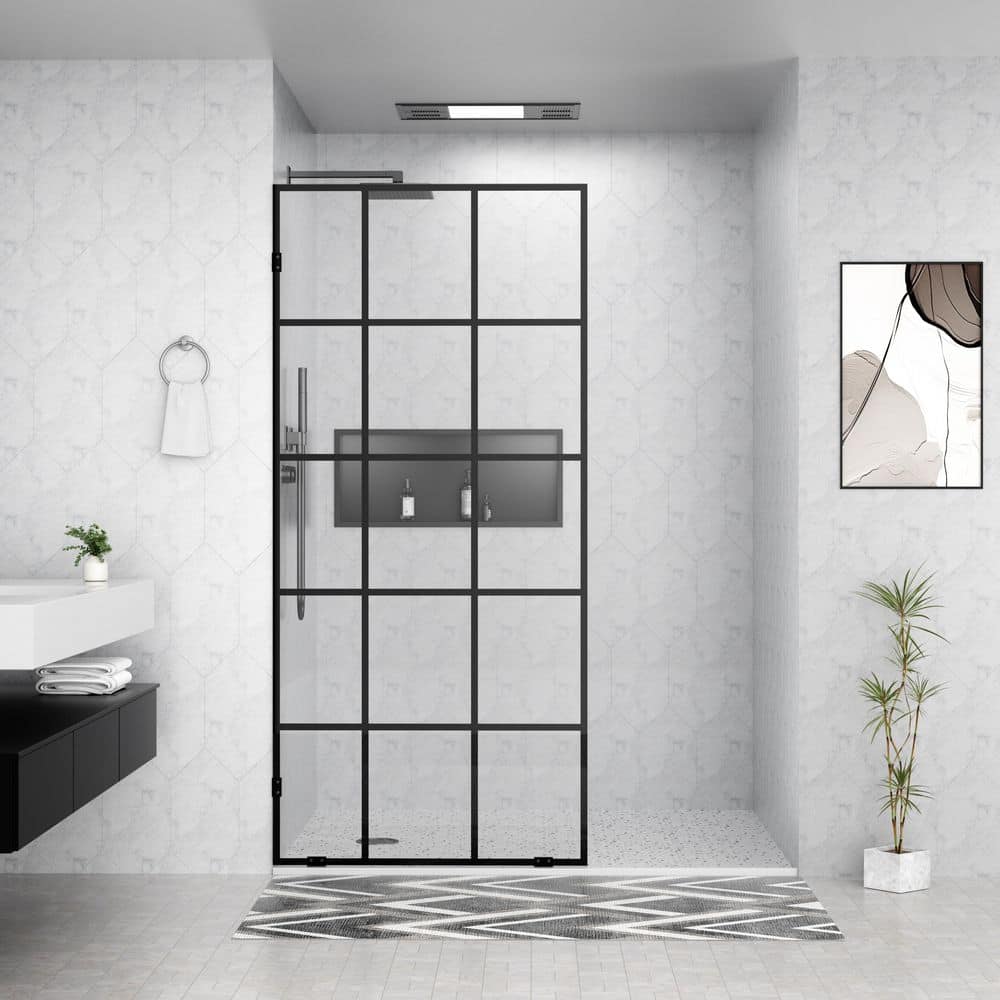 34 in. W x 78 in. H Frameless Fixed Single Panel Shower Door in Matte Black with Nano-Coated Clear Grid Glass price history on PriceWatchPro