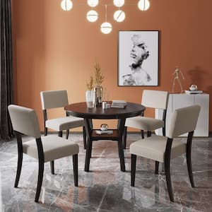 5-Piece Wood Top Espresso Dining Table Set Round Table with Bottom Shelf, 4 Upholstered Chairs for Kitchen Dining Room