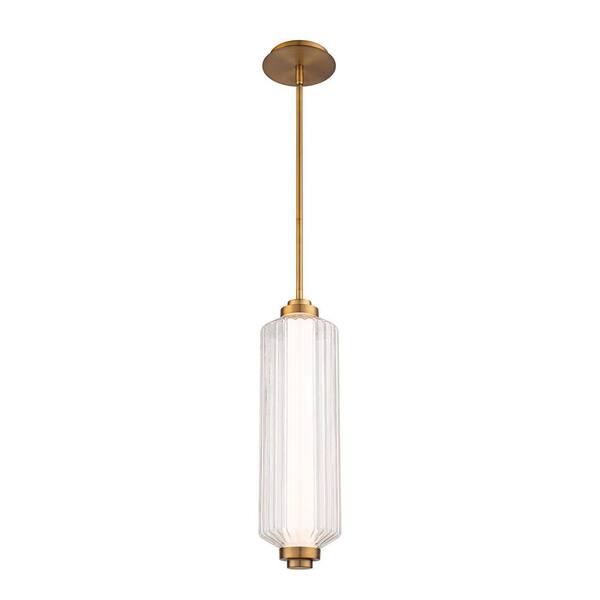 Portos 1-Light Aged Brass Integrated Pendant Light with Ribbed Glass Shade 4CCT