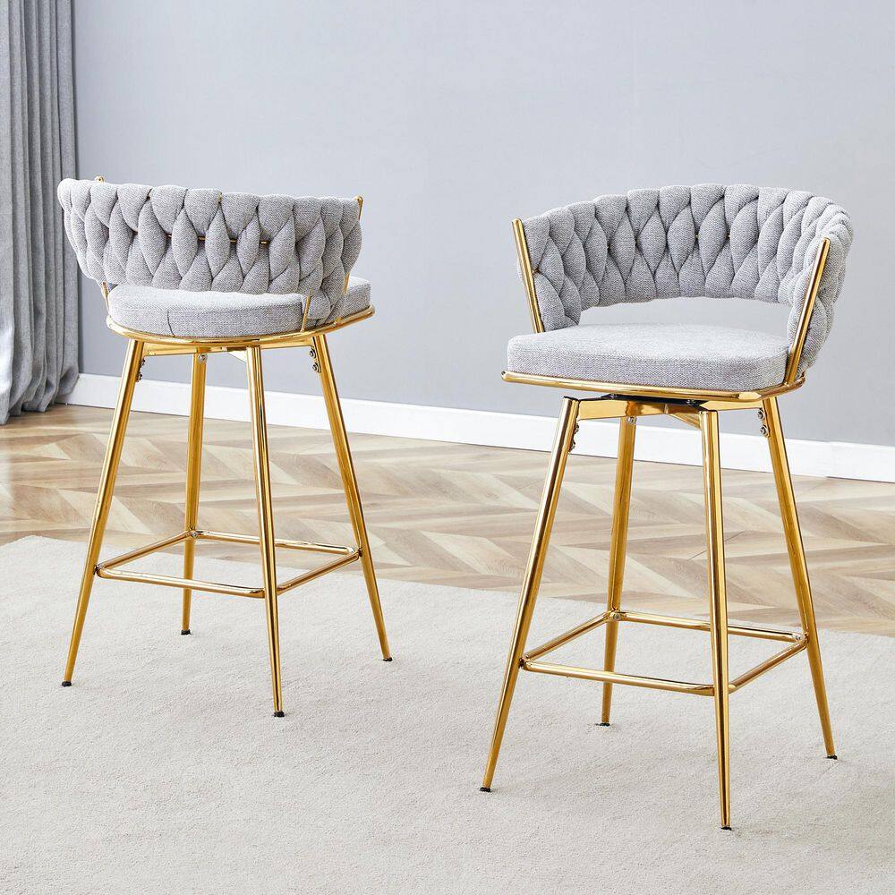 Set of 2 Swivel 34.6 in. H Dark Gray Metal Bar Stools with Breathable Cushioned Seats, Adjustable Foot Pads