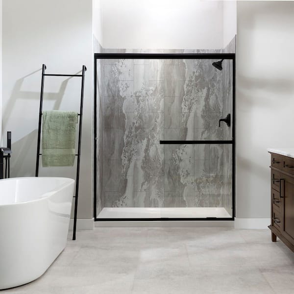 PALISADE 30in x 60in x 78in 4-Piece Glue-Up Alcove Shower Wall, Shelf, Trim Kit in Smoky Sky
