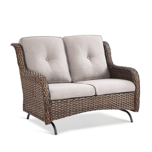 Gymojoy Carolina Patio 2-Person Brown Wicker Rocking Bench Outdoor Loveseat Glider with High Back and Deep Seat, Beige