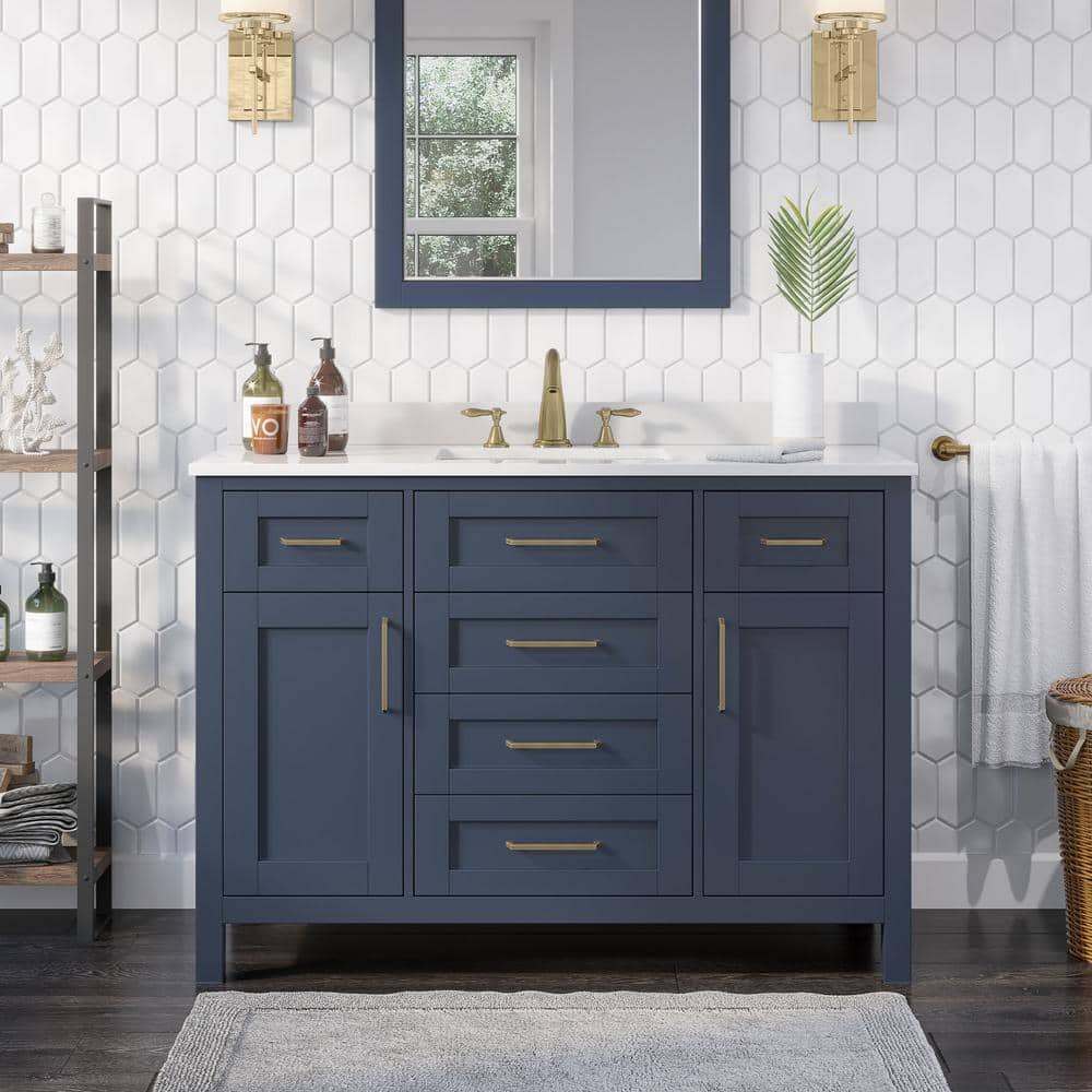 OVE Decors Stanley 42-Inch Single Sink Vanity – Midnight Blue Lacquer With Engineered Stone Top, Power Bar, And Soft-Close Drawers