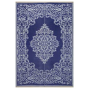 8 X 10 Blue White Lightweight Medallion Reversible Plastic Indoor Outdoor Area Rug