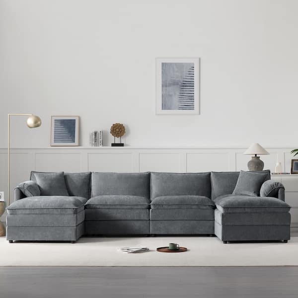136 in. Pillow Top Arm Chenille U-Shaped Sofa in Dark Gray with Armrest Storage, Cup Holders and USB Charger