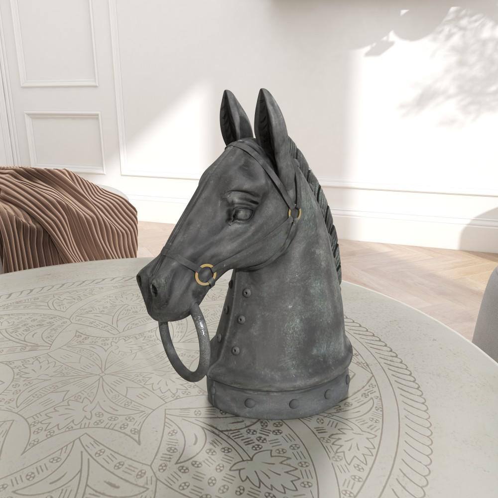 12" Black Resin Horse Head Sculpture with Metal Accents