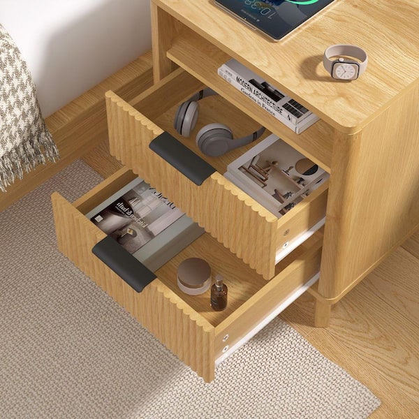 Hommpa 17.7 in. W 2-Drawer Wood Nightstand with Charging Station