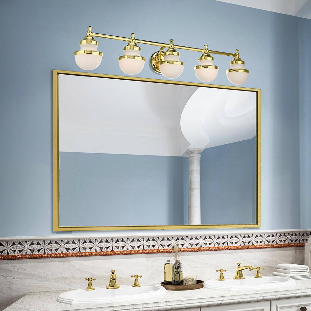 Polished Brass 5-Light Vanity with Satin Opal Glass