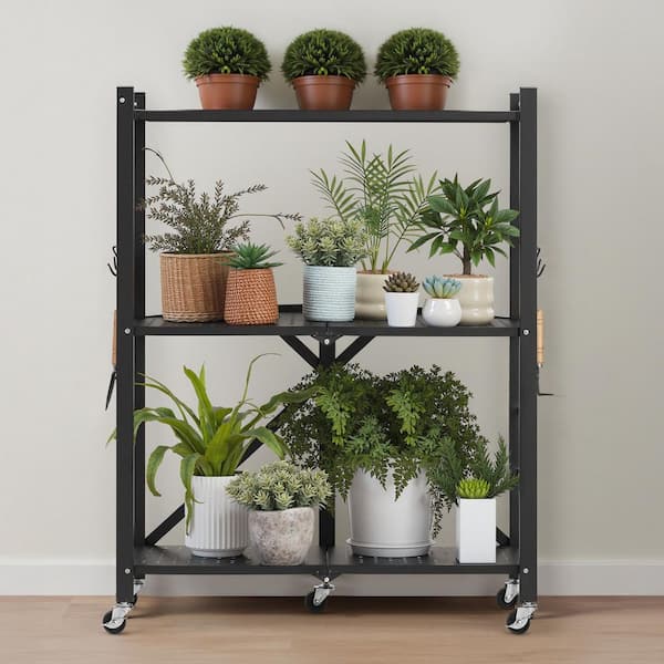 3-Tier Foldable Storage Shelf 28 in. W x 13 in. D Folding Metal Rack Shelving UnitCarbon Steel Garage Wall Shelf, Black