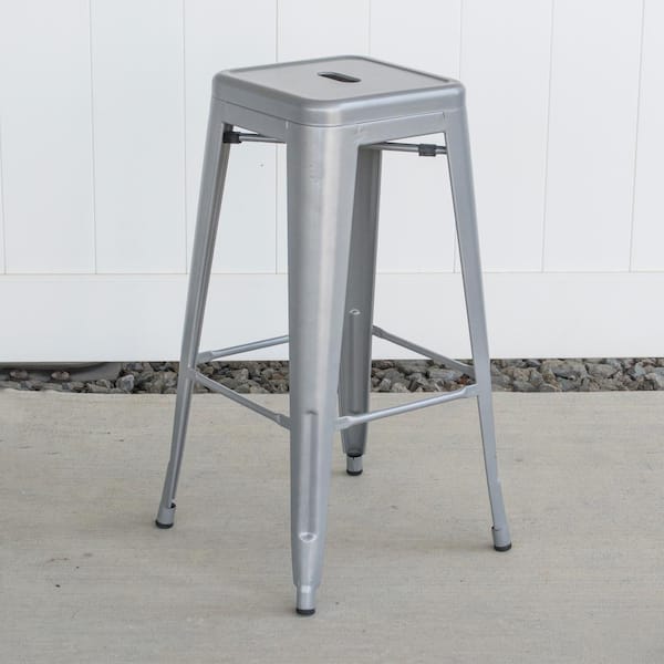 30 in. Silver Metal, Backless, Stackable Bar Stool (Set of 2)