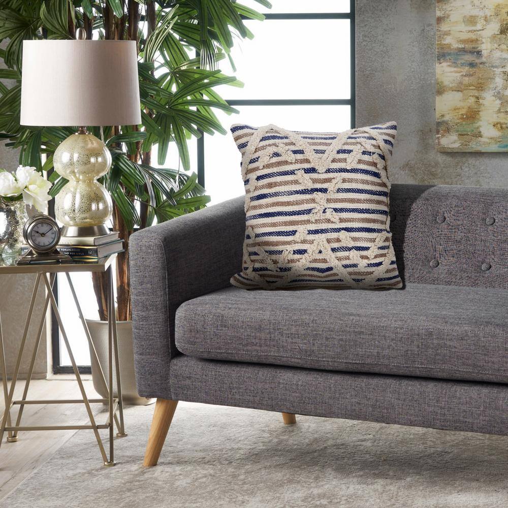 Ox Bay Textured Striped Blue and Beige Cotton Throw Pillow, 18" x 18"