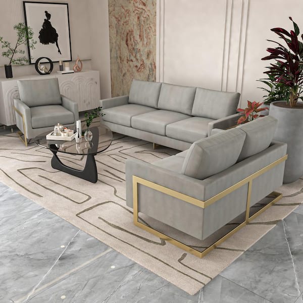 Leisuremod 3-Piece Sofa Set Upholstered in Velvet with Gold Stainless Steel Base and Removable Cushions in Light Grey