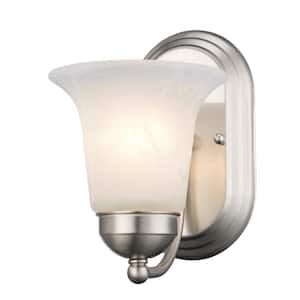Cabernet Collection 1-Light Brushed Nickel Wall Sconce Light Fixture with White Marbleized Shade