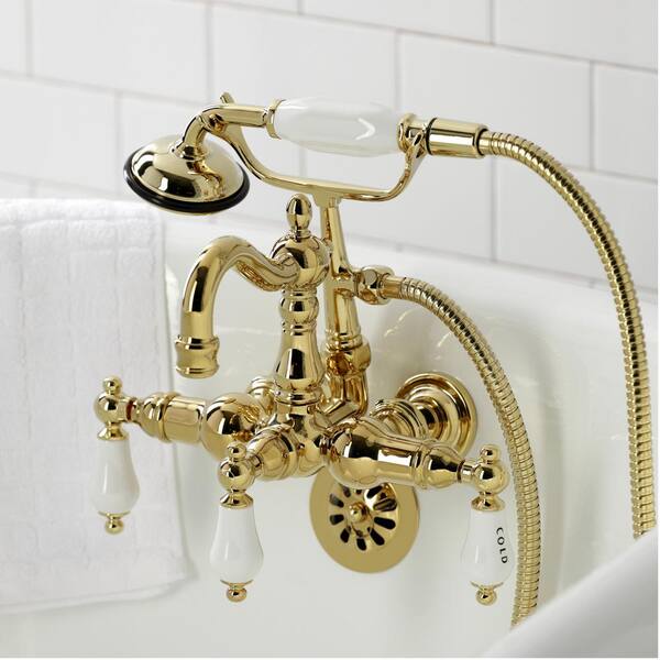 Polished Gold Brass Clawfoot Bath Tub Faucet with Handshower Wall Mount 