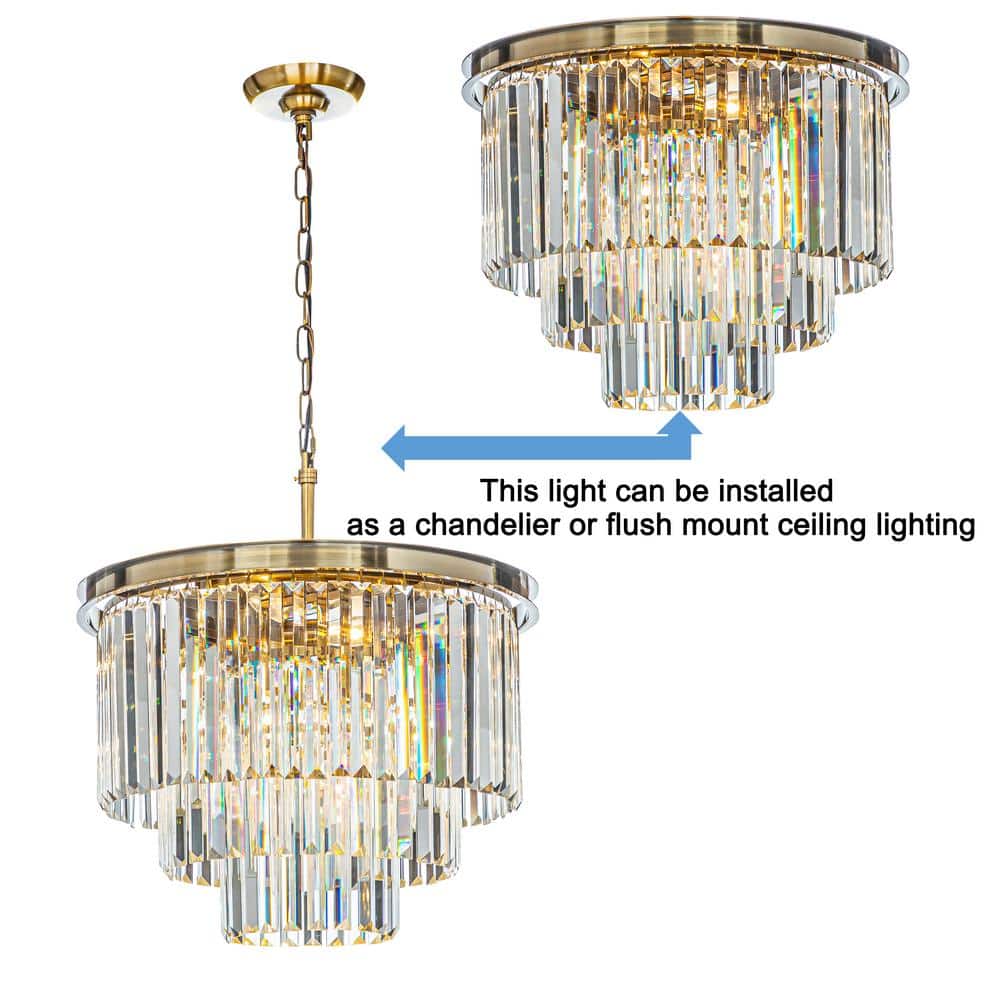 Antique Gold 3-Tier Crystal Candle Chandelier with Geometric Frame
