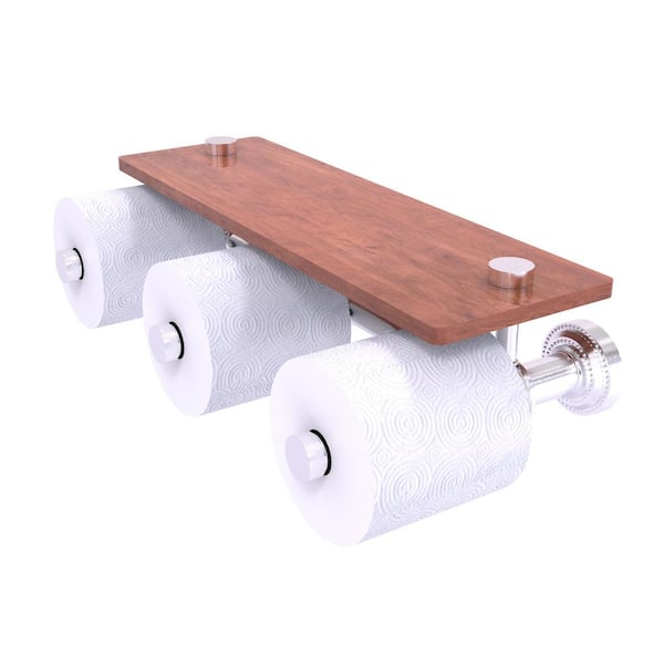 Allied Brass Dottingham Collection Wall Mounted Toilet Paper Holder in Satin Chrome with Wood Shelf