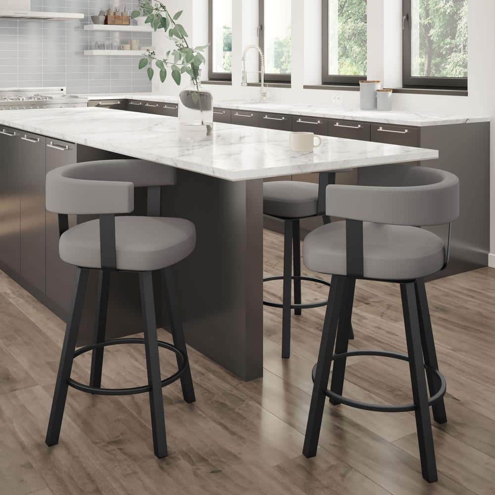 Taupe Grey Faux Leather Swivel Counter Stool with Black Metal Frame