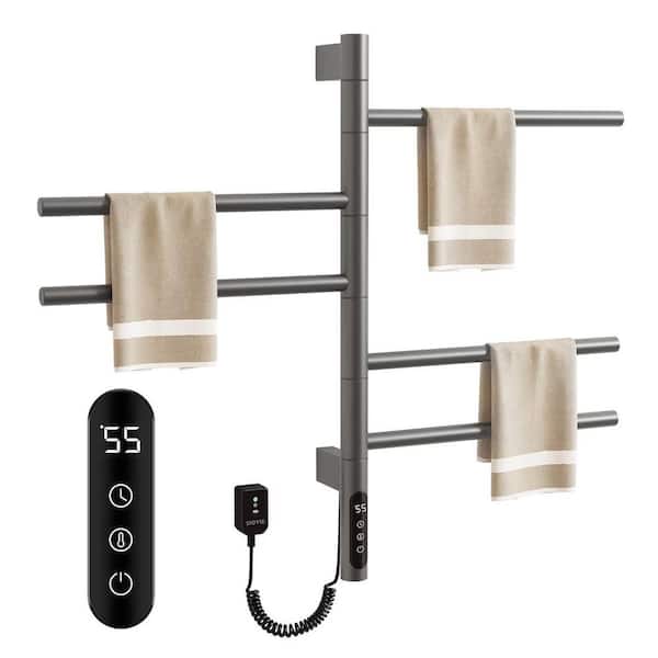 5 Bar Wall Mounted Plug-in/Hardwired Towel Warmer Rotating Heated Rack in Smoke Grey with Intelligent Touch Screen Timer
