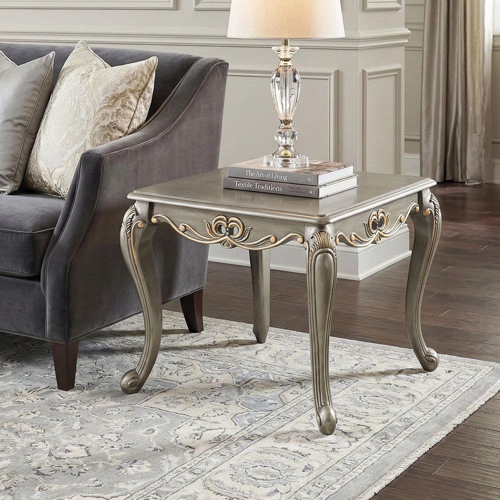 Hencet 27.5 in. Champagne Rectangle Wood End Table with Cabriole Legs and Gold Highlights