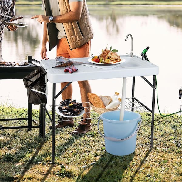 Folding Fish Cleaning Table Portable Camping Table with Faucet Hose Grid Rack
