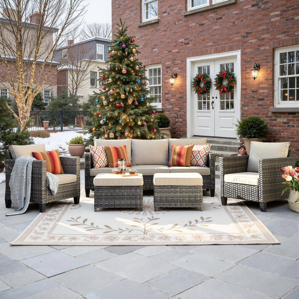 Megon Holly Gray 5-Piece Wicker Outdoor Patio Conversation Seating Sofa Set with Beige Cushions price history on PriceWatchPro