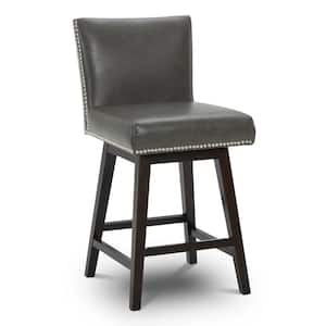 Frank 26 in. Gray High Back Solid Wood Frame Swivel Counter Height Bar Stool with Faux Leather Seat