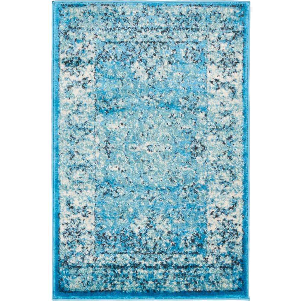 Elegant Blue Floral Indoor Rectangular Rug, 2' x 3', Stain-Resistant