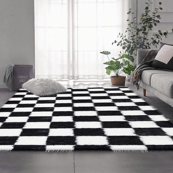Checkerboard Shag 5 ft. x 7 ft. Black/White Checkered Area Rug