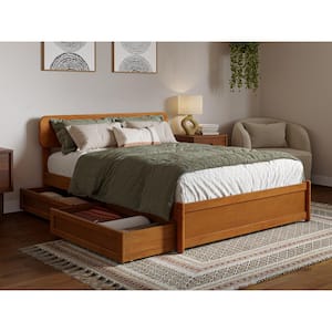 Capri Light Toffee Natural Bronze Solid Wood Frame Full Platform Bed with Panel Footboard and Storage Drawers