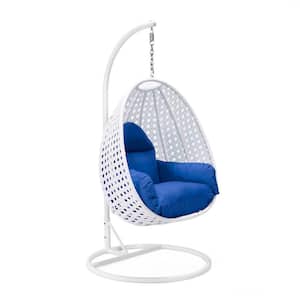 White Wicker Indoor Outdoor Hanging Egg Swing Chair For Bedroom and Patio with Stand and Cushion in Blue