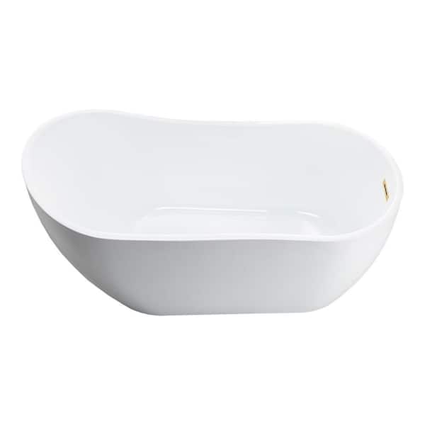 59 in. Acrylic Flat Bottom Single Slipper Soaking Bathtub with Brushed Gold Overflow and Drain Included in White