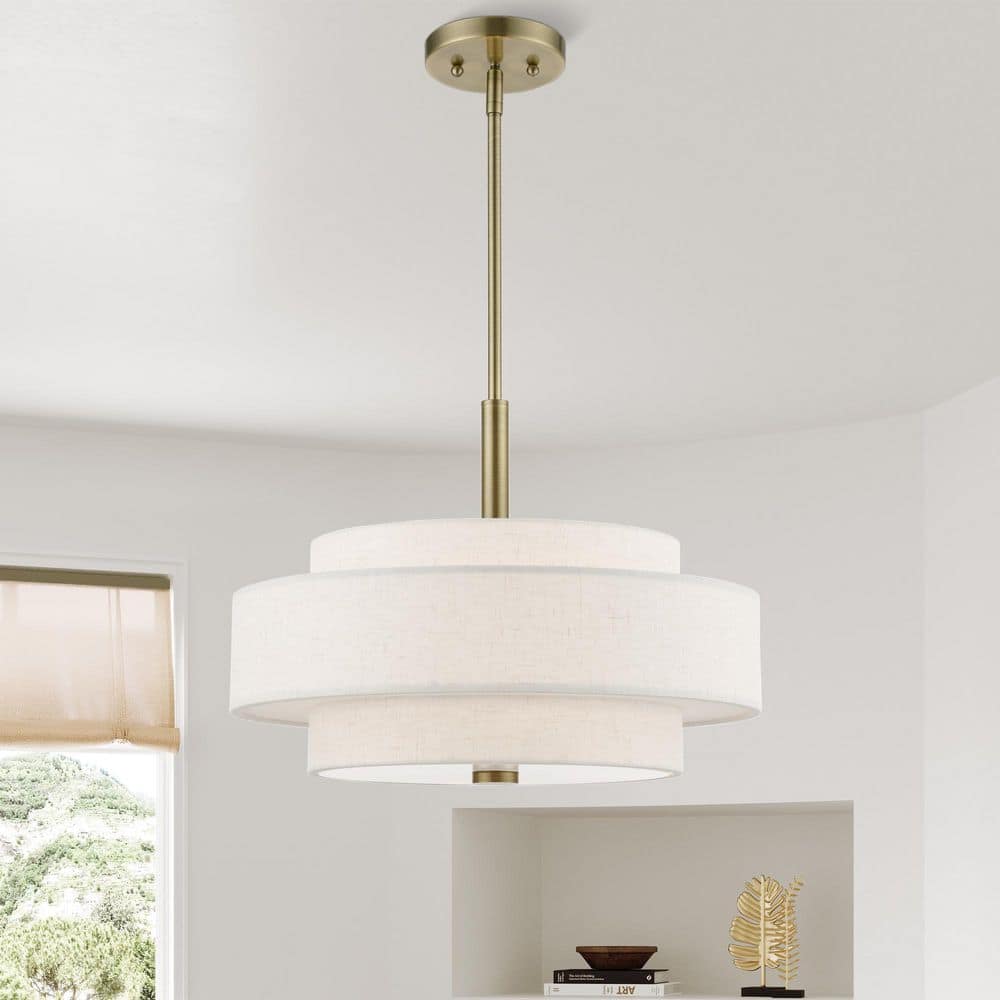 Mini Monroe Antique Brass 4-Light Drum Pendant with Oatmeal Shade