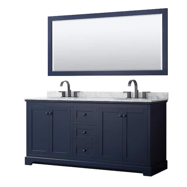 Wyndham Collection Avery 72 in. W x 22 in. D x 35 in. H Double Bath Vanity in Dark Blue with White Carrara Marble Top and 70 in. Mirror