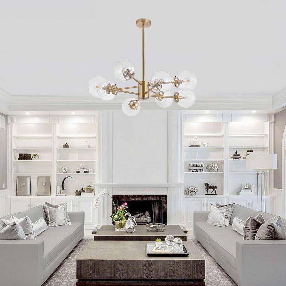 Brass 8-Light Sputnik Chandelier with Clear Glass Shades