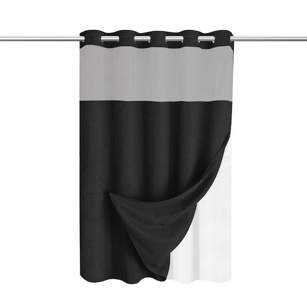 71" x 74" Black No-Hook Snap-In Polyester Bathroom Shower Curtain, Waffle Weave with Mesh Top & Removable Liner